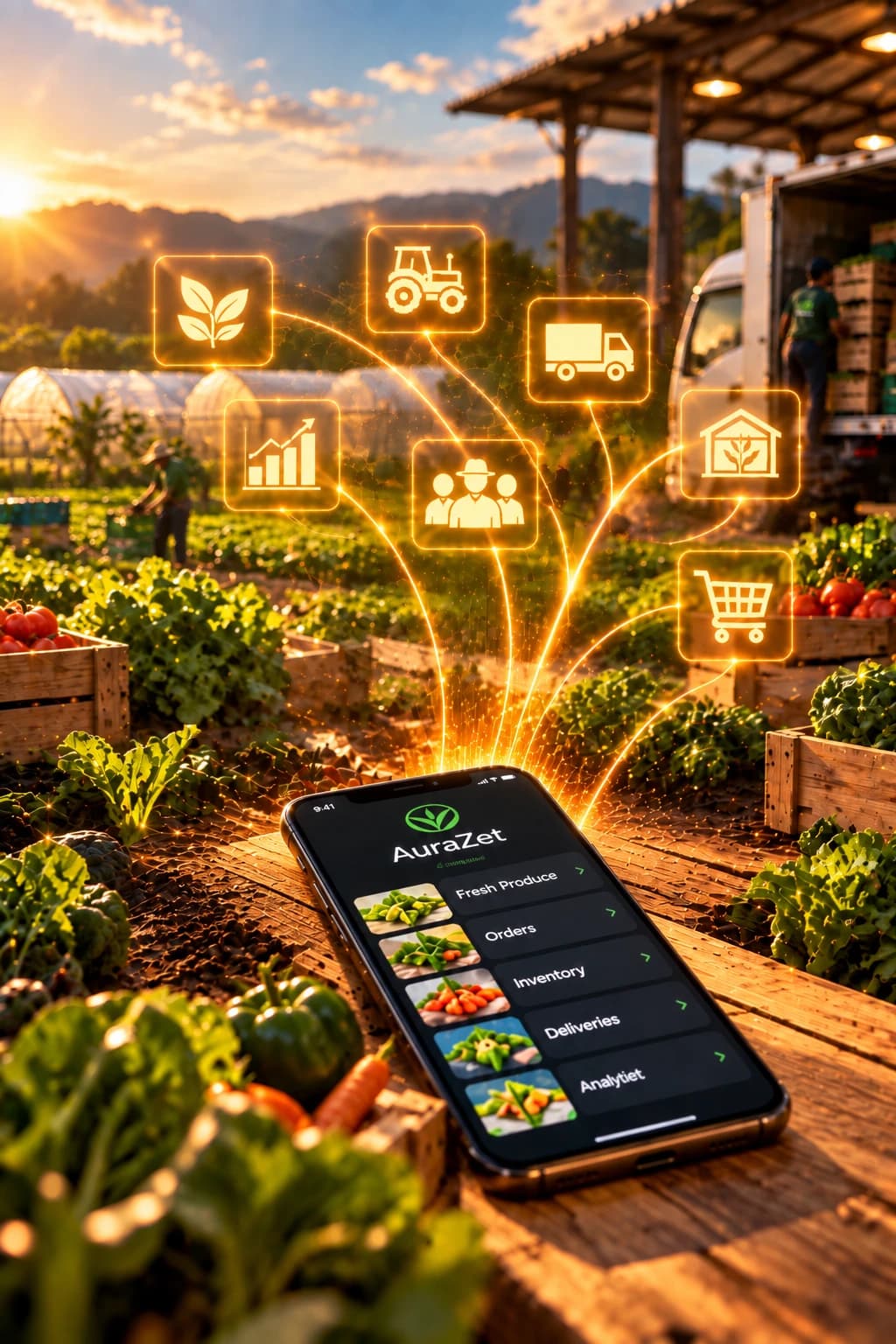 A farm at sunrise with fresh produce, a delivery truck loading, and an AuraZet Agri phone app on a wooden crate